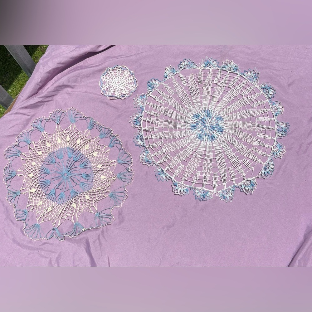 Vintage Hand Crocheted Blue White Ivory Doilies Set of 3
